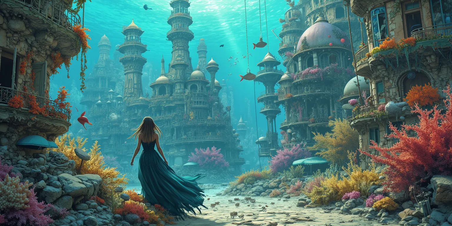 A city under the sea, it has large colorful coral buildings with dome styles, kelps are grown decoratively Eldritch fish women f exquisite beauty drift along the lanes, crabs scavenge n the alleyways
