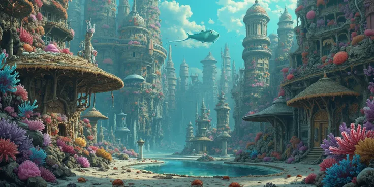 A city under the sea, it has large colorful coral buildings with dome styles, kelps are grown decoratively Eldritch fish women f exquisite beauty drift along the lanes, crabs scavenge n the alleyways
