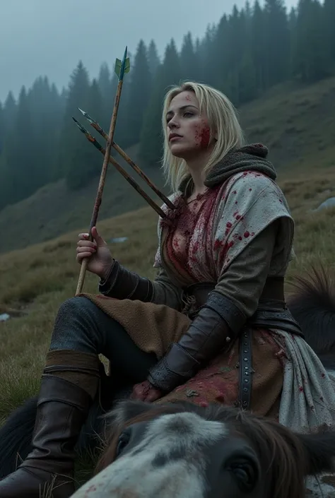 bloodied and mortally wounded blonde Viking female warrior  with  ancient wooden arrows plunged deep in the center of her  chest , the arrows are embeded in her chest, the arrows are sticking in her chest. The arrows have penetrated her chest. She has been...