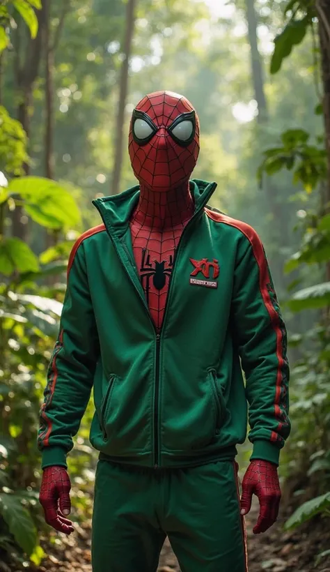 "Spider-Man, wearing a Squid Game green tracksuit, stands in the jungle with his eyes wide open in fear. His body is tense, and his posture shows shock and hesitation as he stares ahead. The background is filled with lush green trees and plants, with sunli...