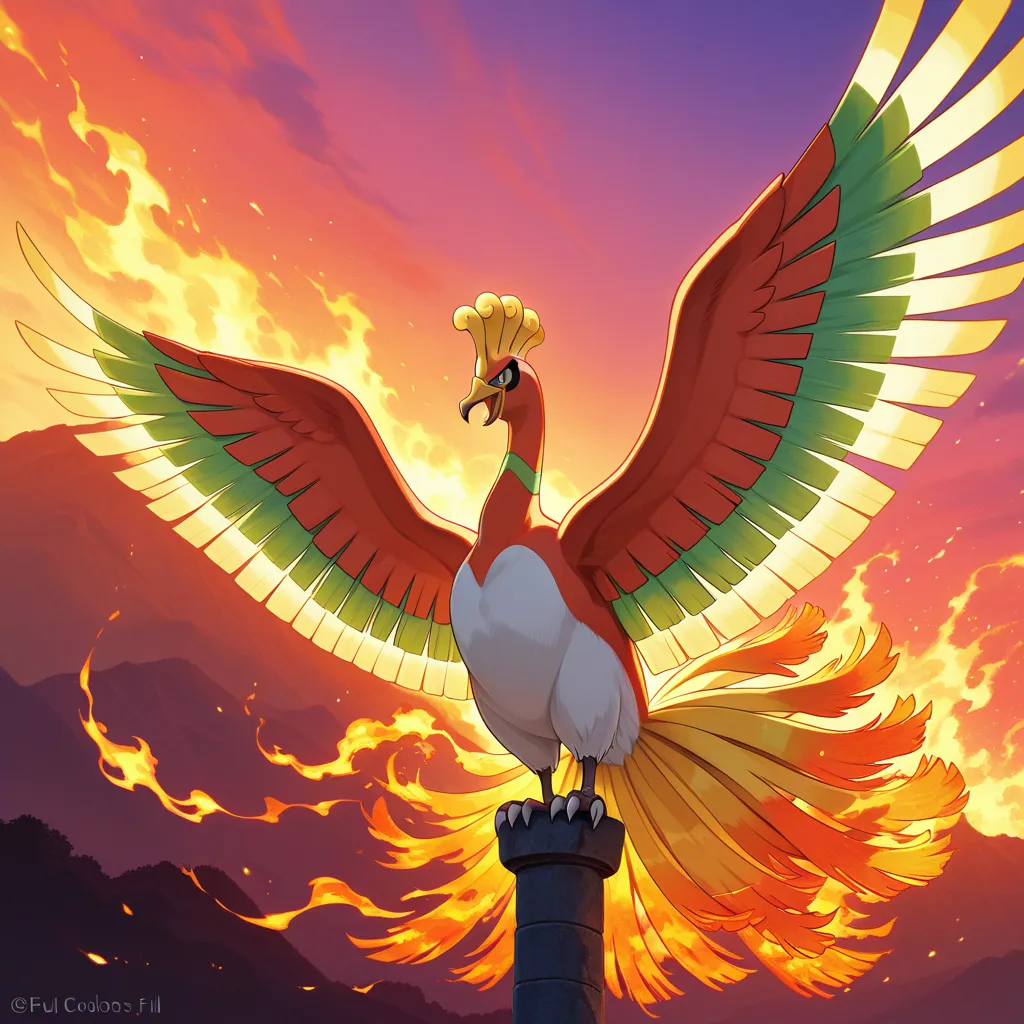 masterpiece, best quality,  Ho-Oh, without humans, Alone, flames,  sky,  sky colorido, majestic pose