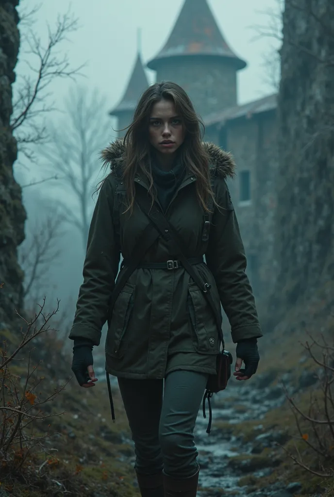 Gorgeous slavic young woman with cool weather hiking clothing , ruined castle inspired from resident evil 4 in atmosphere of silent hill background in night , Nervous, Cowboy Shot, 