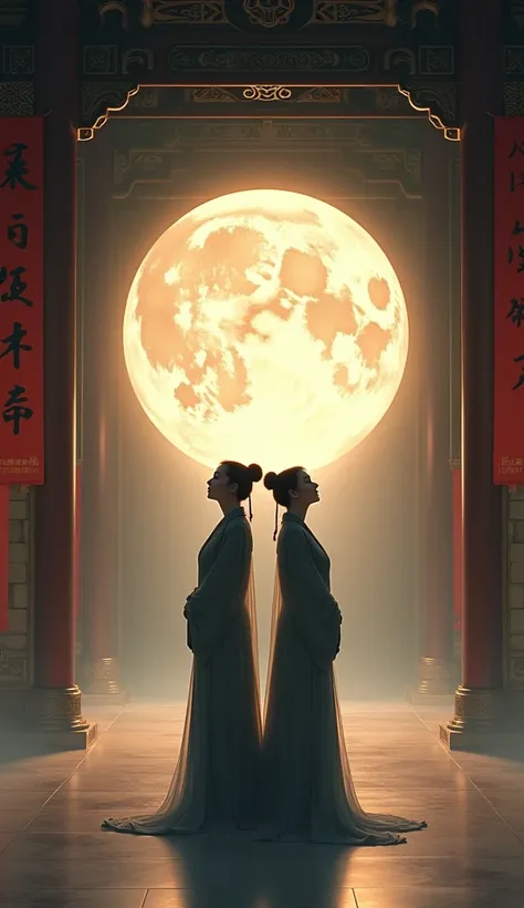 The scene depicts a high hall with a bright, round moon reflecting in a large, ancient bronze mirror. A silhouette of two moms, back to back standing with head facing up. The atmosphere is solemn and just, with an air of divine justice. The background feat...