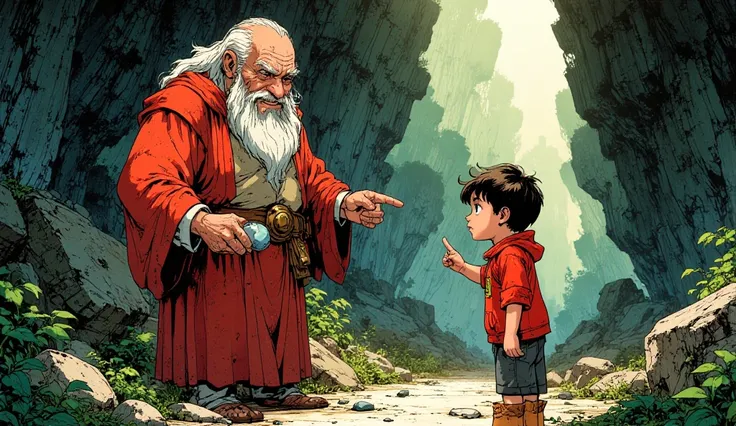 An old man stands with a smile on his face, as if he has found something he’s been searching for, his expression filled with satisfaction. He looks at the  boy, who is holding a small stone in his hand. The old man, with a joyful look, asks the boy about t...