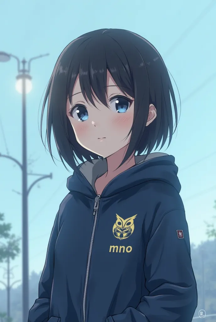 Matured sweet face 3RD anime girl wearing dark blue jacket with a logo of owl and MNO on it. Light blue background, black hair with the name of ψυχή