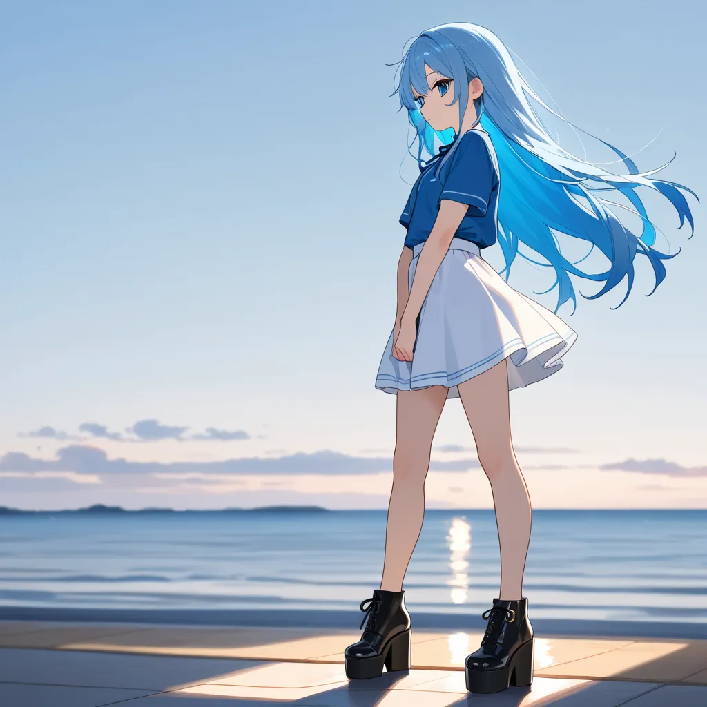 anime style, 3women, full body, standing, bare legs, light skin, sky blue long hair, sky blue eyes, sky blue shirts, white skirts, black platform shoes