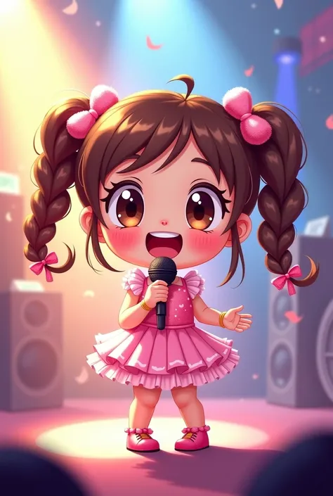 a happy cute cartoon chibi girl singing holding a microphone


