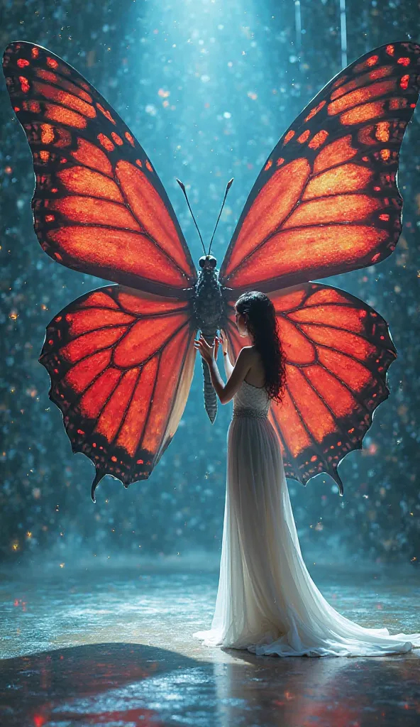 Design a captivating scene featuring a mystical interaction between a graceful woman in an elegant white gown and a human-sized red butterfly standing upright with delicate poise. The butterfly should display anthropomorphic qualities, with a curious and g...