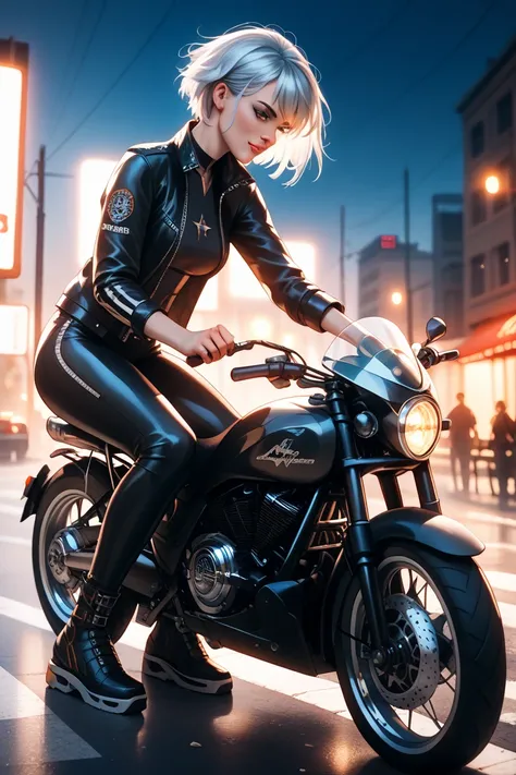 I rode the newest black motorcycle、 Silver Hair、Short Hair、 cool woman