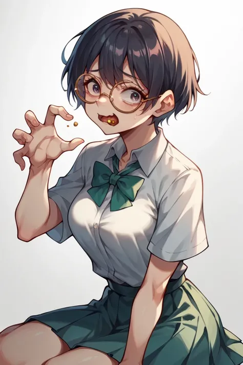 

 "cute otaku nerd girl", round lens glasses, "short hair s Short Bob,) short hair, bangs, medium breasts, thin,Sexy body, messy school uniform, "clumsy, tension and embarrassment, "sitting eating pose" nerd, Strange, weird