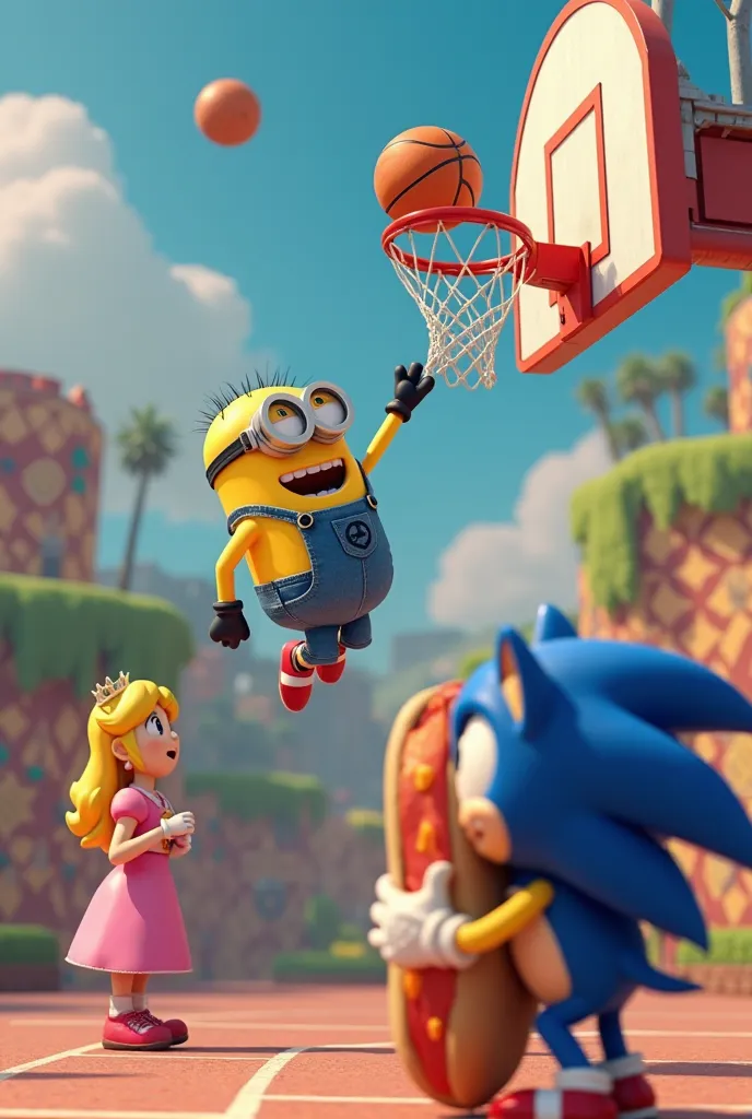 A minion dunking on princess peach while sonic watches eating a giant hot dog 