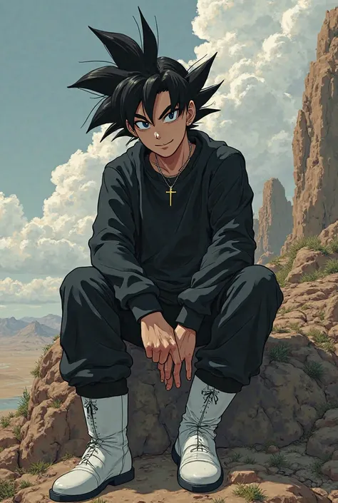 The Destroyed Earth a ager who measures 1.60 black sweatshirt black buso and white boots without rope sitting in the happy landscape looking cold and smiling cruel and sadistic dragon ball black hair and black eyes