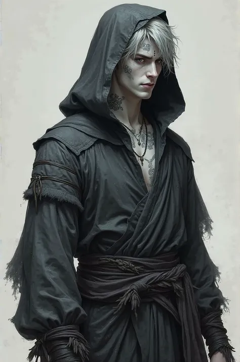 Drow,with monk clothing
Young Adult and male gender
Short silver hair, with a hood
Grayish skin
Tattooed
