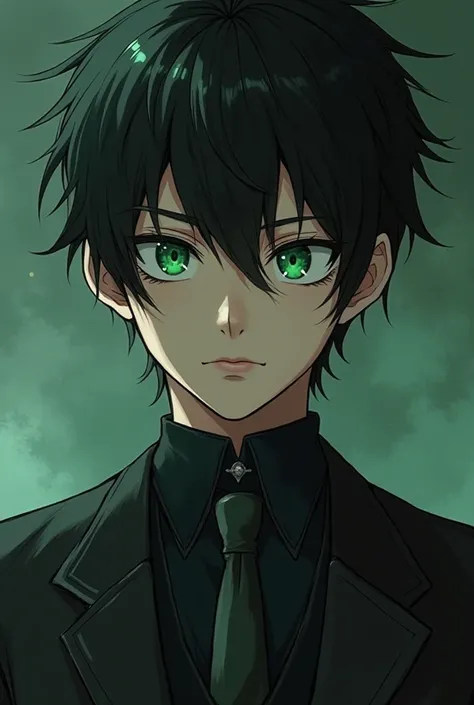 
Make a realistic image of an anime character with black hair and green eyes in a dark suit, inspired by Okumura Masanobu, handsome guy in demon slayer art, his eyes look wise, inspired by Okumura Togyu, it has a piercing gaze, his eyes are bleeding intens...