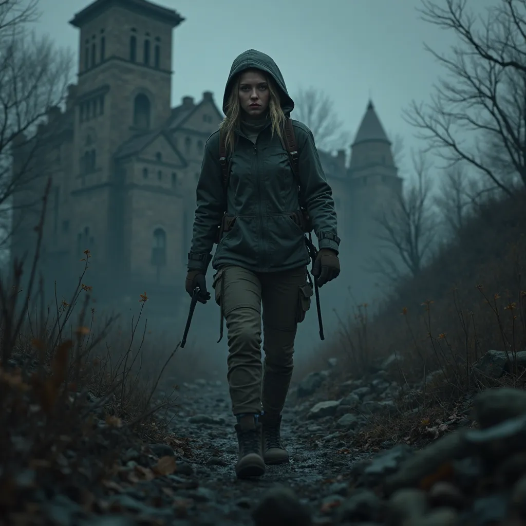 Gorgeous slavic young woman with cool weather hiking clothing , ruined castle inspired from resident evil 4 in atmosphere of silent hill background in night , Nervous, Cowboy Shot, 