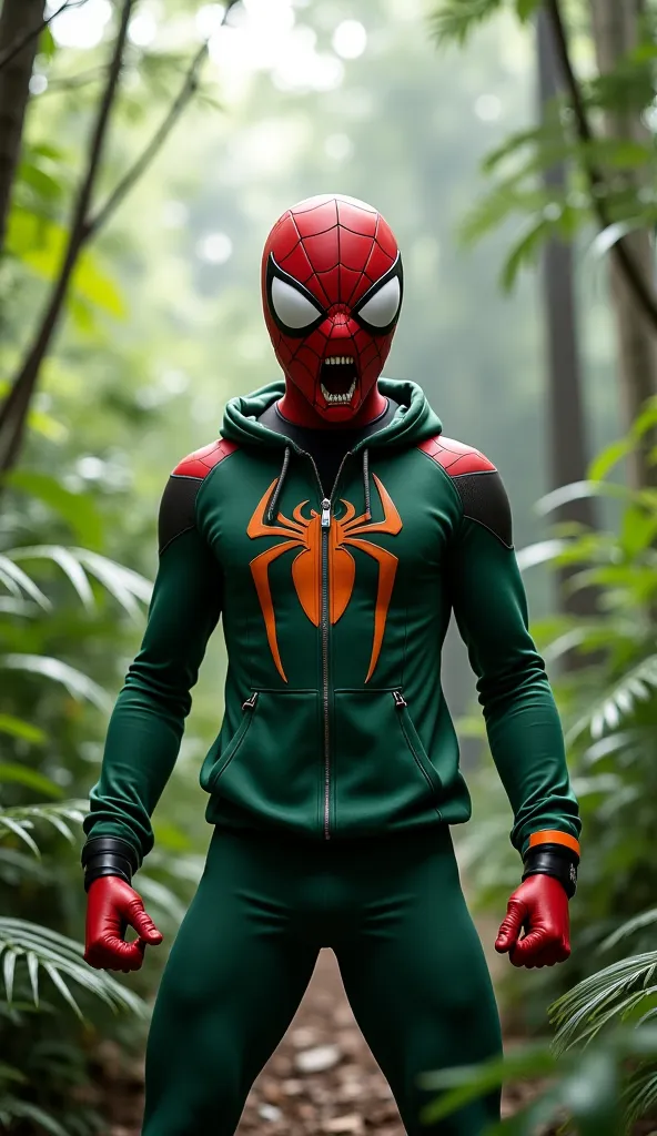 "Spider-Man, wearing a Squid Game green tracksuit, stands in the jungle with his mouth open in shock and his eyes widened in fear. His body is tense, frozen in a moment of terror as he stares ahead. The background is filled with lush green trees and plants...