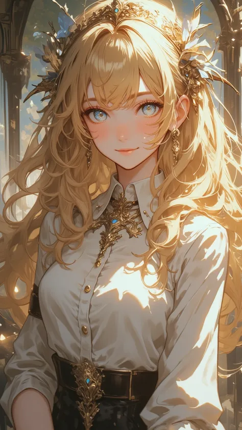 A gorgeous realistic portrait，depicting a girl with long blonde hair，blue eyes smiling at the audience，with perfect eyes and a full chest，Wearing a long-sleeved shirt and headdress，shows a vivid moment of life。