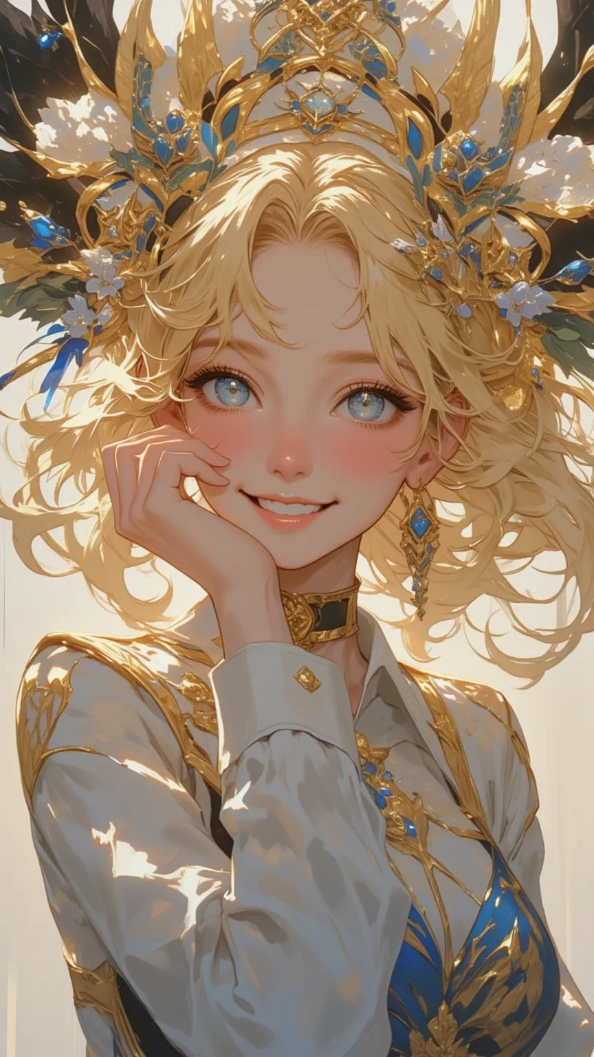 A gorgeous realistic portrait，depicting a girl with long blonde hair，blue eyes smiling at the audience，with perfect eyes and a full chest，Wearing a long-sleeved shirt and headdress，shows a vivid moment of life。