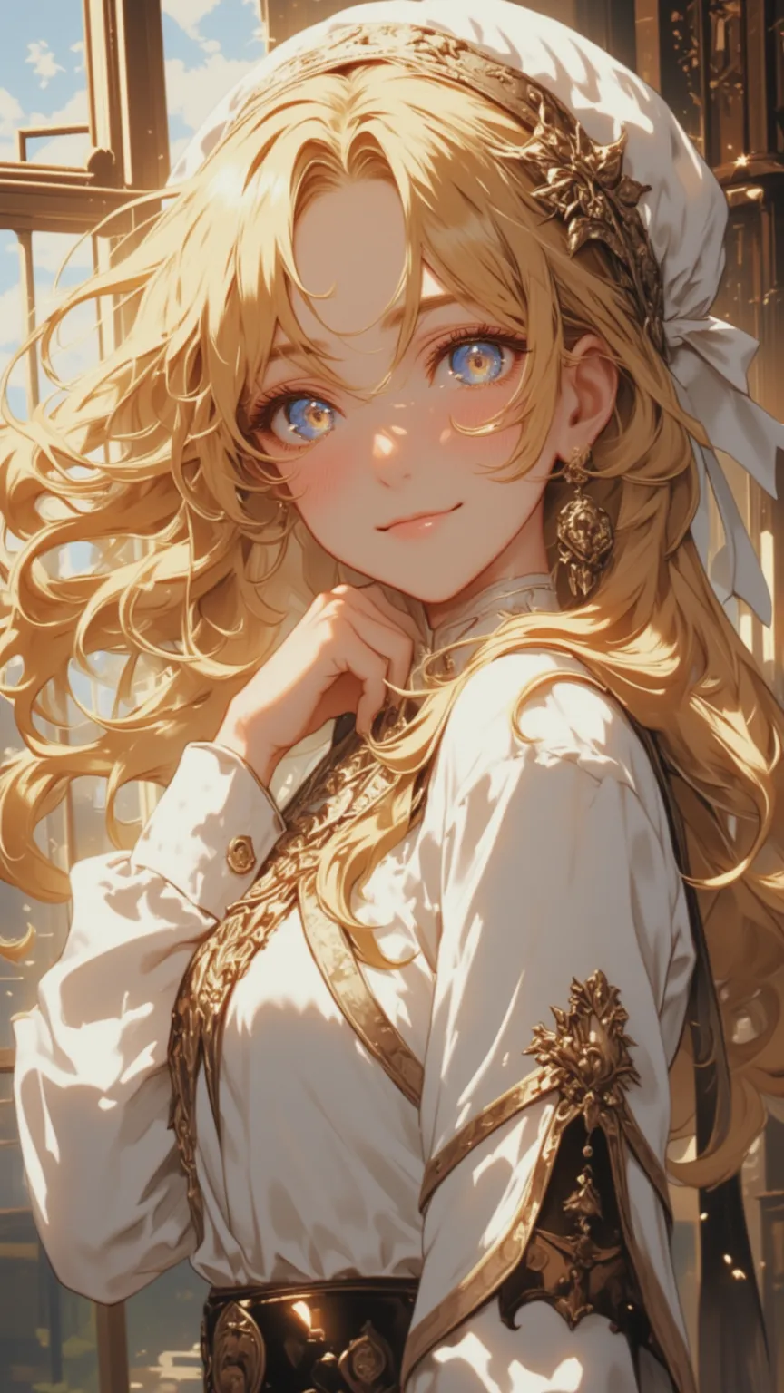 A gorgeous realistic portrait，depicting a girl with long blonde hair，blue eyes smiling at the audience，with perfect eyes and a full chest，Wearing a long-sleeved shirt and headdress，shows a vivid moment of life。