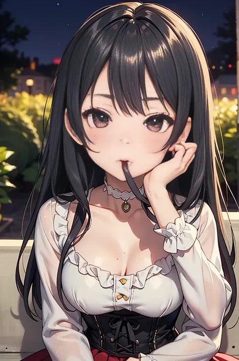 masterpiece, Anime Style, A young girl, sitting on a stone bench , ( seen from the front ). pretty face, tender expression, mouth shut, (((intense blush on her cheeks))), Long Black Hair, detailed eyes,  black eyes,  choker : 1.6, ((Victorian style dress i...