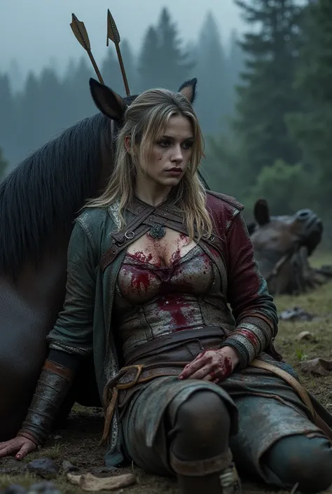 bloodied and mortally wounded blonde Viking female warrior  with  ancient wooden arrows plunged deep in the center of her  chest , the arrows are embeded in her chest, the arrows are sticking in her chest. The arrows have penetrated her chest. She has been...