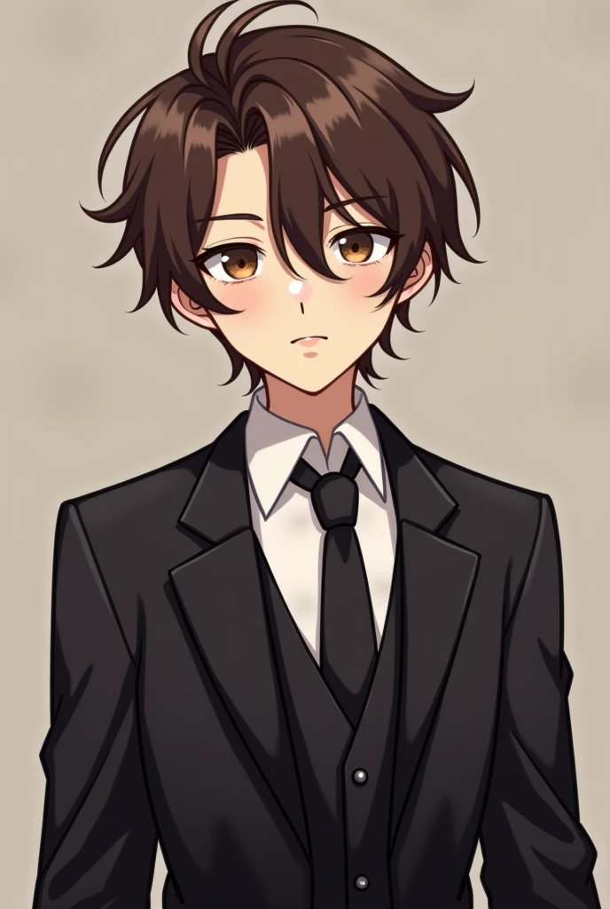 1 guy, brown wavy hair, Hazelnut eyes, in suit 