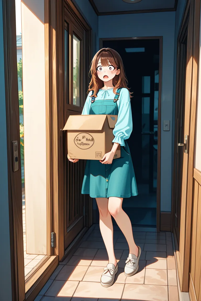 a woman who is surprised to be caught carrying a box