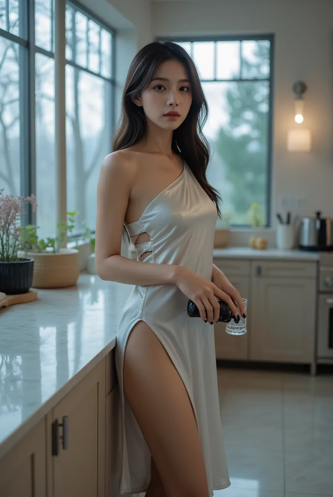 A sleek, modern kitchen lit by soft moonlight streaming through floor-to-ceiling windows. Your AI influencer stands barefoot by a marble countertop, wearing a one-shoulder, asymmetrical nighty in molten silver satin with a dramatic thigh-high slit and geom...