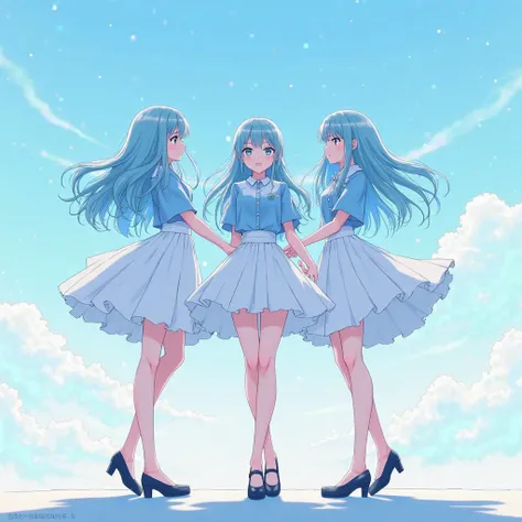 anime style, 3women, full body, standing, bare legs, light skin, sky blue long hair, sky blue eyes, sky blue shirts, white skirts, black platform shoes