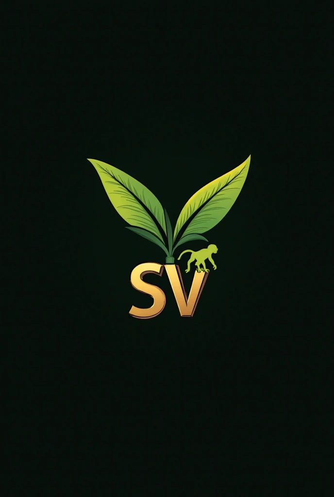 Create a logo with a dark background that has a banana plant in the middle and that at the bottom of the plant has the initials SV in gold and a small silhouette of a monkey hanging from the letter S in green 