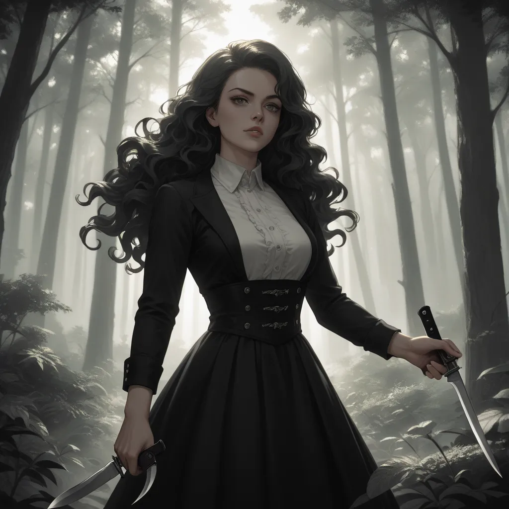 Black and white cartoon woman with long wavy hair, Throwing knives in a forest