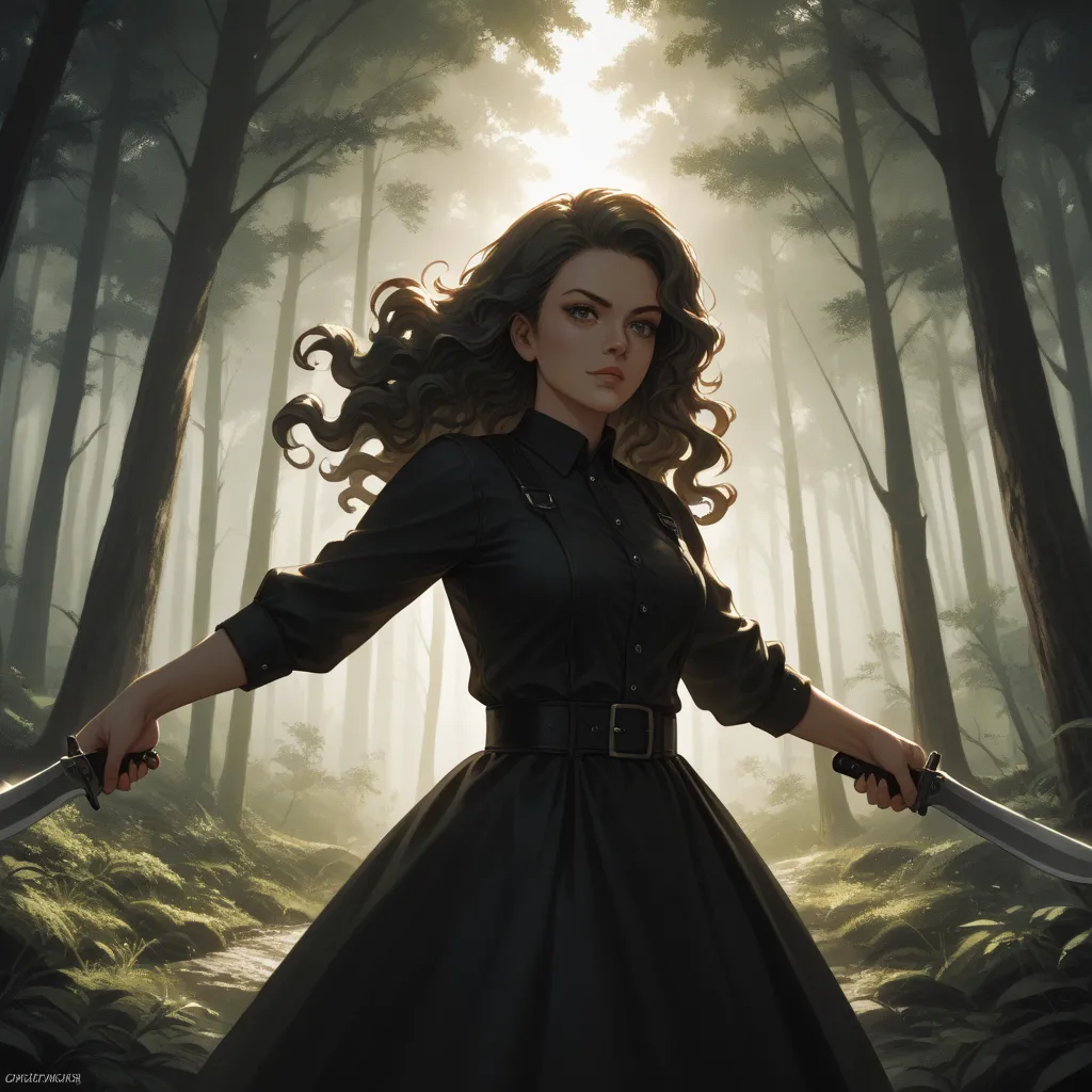 Black and white cartoon woman with long wavy hair, Throwing knives in a forest