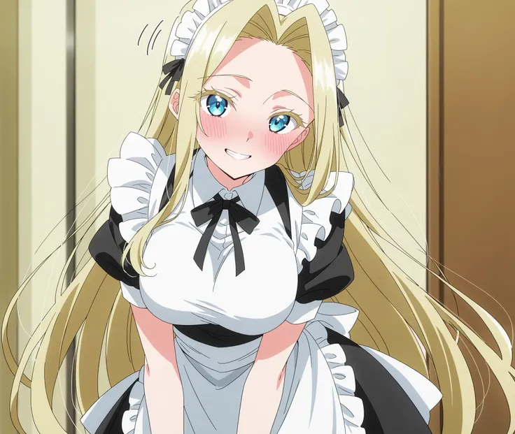score_9, score_8_up, score_7_up, source_anime, mimimi utsukushisugi, long hair, bangs, blue eyes, blonde hair, very long hair, parted bangs, hair intakes, colored eyelashes, breasts, anime screencap,(Maid uniform, Exposure, blushing), ,motion lines,wide sm...
