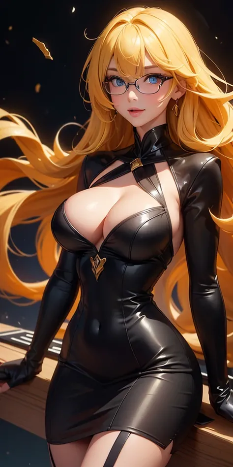 (masterpiece), best quality, night, expressive eyes, perfect face, 1girl, large breasts, semi-long hair, light wavy hair, yellow hair, blue eyes, thin smile, Looking at viewer, box frame glasses, black dress, short dress, tube dress, black opera gloves, bl...