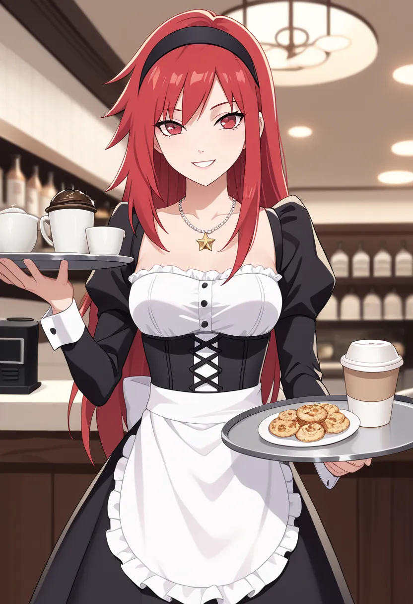 (8K, the best quality, masterpiece:1.2), (dress in corset with fine details),Institution, official style, 1 Change, red hair, red eyes, Alone , coffee shop , looking at the Viewer,cowboy shot, ( strapless black dress ),maid,  white apron background, medium...