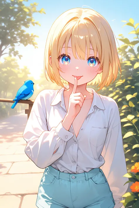 Blonde Hair Color、short bob、big white shirt、Moose Sleeve、 light blue shorts、 small tits、 blue eyes、 colorful eyes、 Long Sleeve、is sticking out its tongue、 small mouth、The index finger of the right hand is placed under the eye、white shirt with front opening...