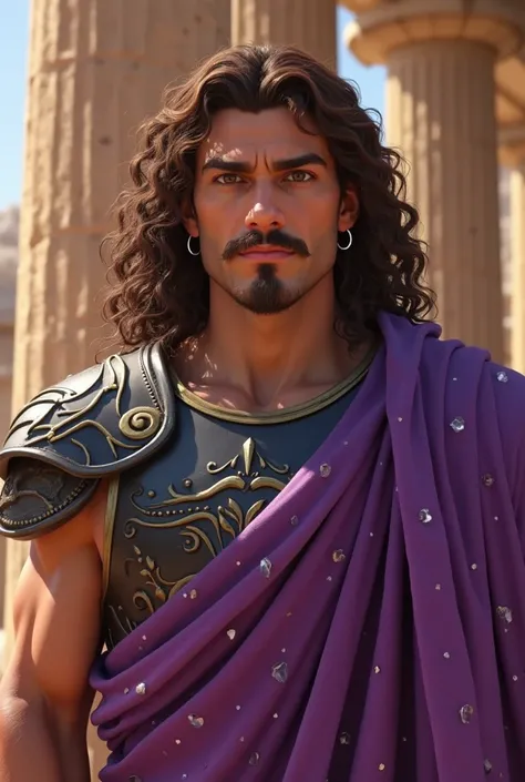 human character with long curly brown hair with mustache and brown goatee, brown eyes, silver hoop earring, wearing black Greek armor with a large bright purple Greek robe with small crystals in a Greek temple environment 2D full body image