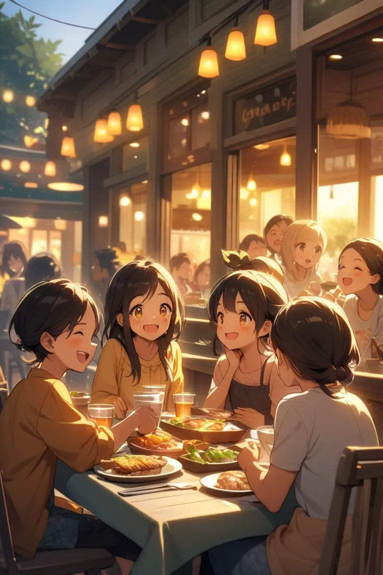 Indonesian boys and girl have a dinner in an 
outdoor caffe