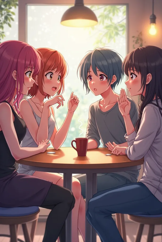 Make an image of a group of adult anime characters talking