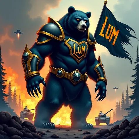 Cartoon simplistic sketch, as little details as possible, God-like Dark Bear, Shadow bear, armored Warrior Bear, Armored sharp claws, he is a protector, dark aura, aura, dark energy, LUM flag, dead zombies on the ground, black and gold armored fur with let...