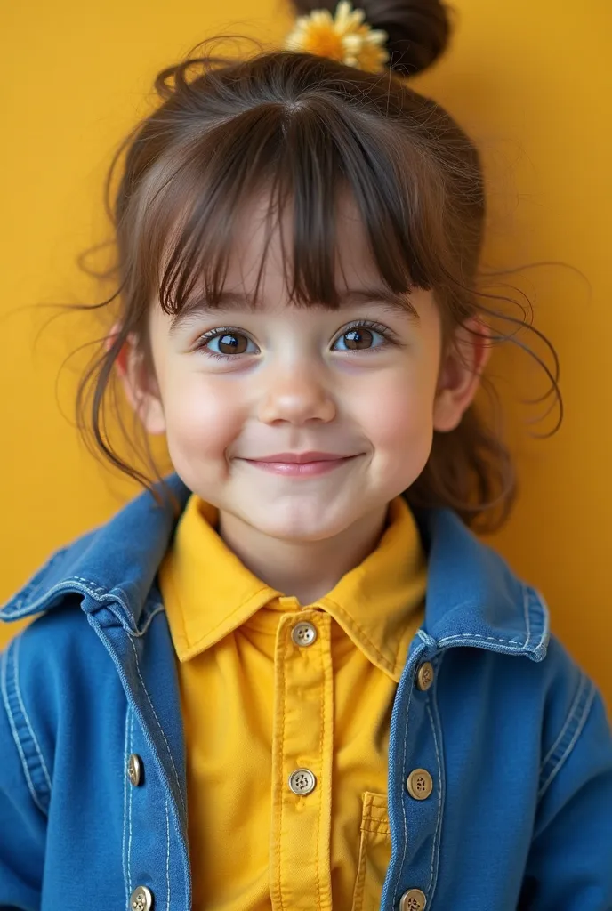 a close up of a  wearing a blue and yellow outfit, ( ready - made ), inspired by Nazmi Ziya Güran, inspired by Naza, with yellow cloths, in blue and yellow clothes, wearing wheat yellow gauze, golden blue outfit, inspired by Ni Yuanlu, 4yr old, yellow, ins...