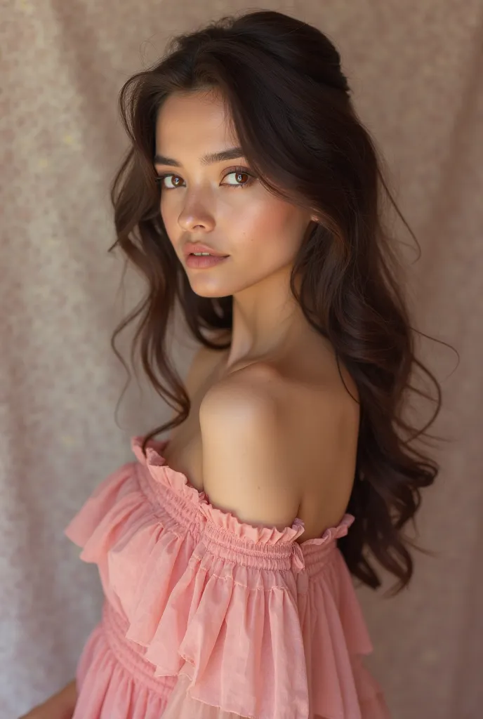 arafed woman in a pink dress posing for a picture, soft portrait shot 8 k, sexy look at the camera, 🤤 girl portrait, bedroom eyes, smooth pink skin, posing in a bedroom, young and cute girl, lovely delicate face, young cute face, her skin is light brown, s...