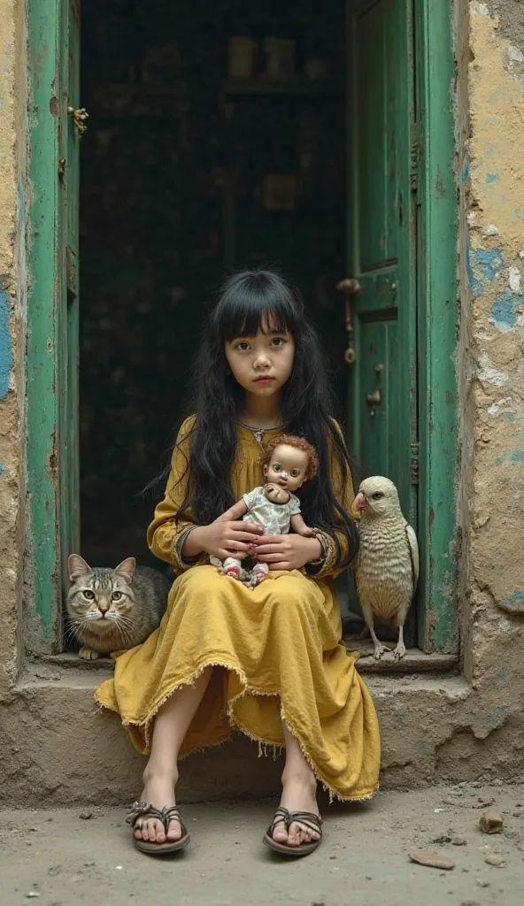 Create a realistic image (HD) (32K) vibrant colors of a scene of: An  girl with long black hair, living on the streets, dressed in an old, torn yellow dress, with broken shoes where her toes are visible, hugging an old doll, sitting on the threshold of an ...