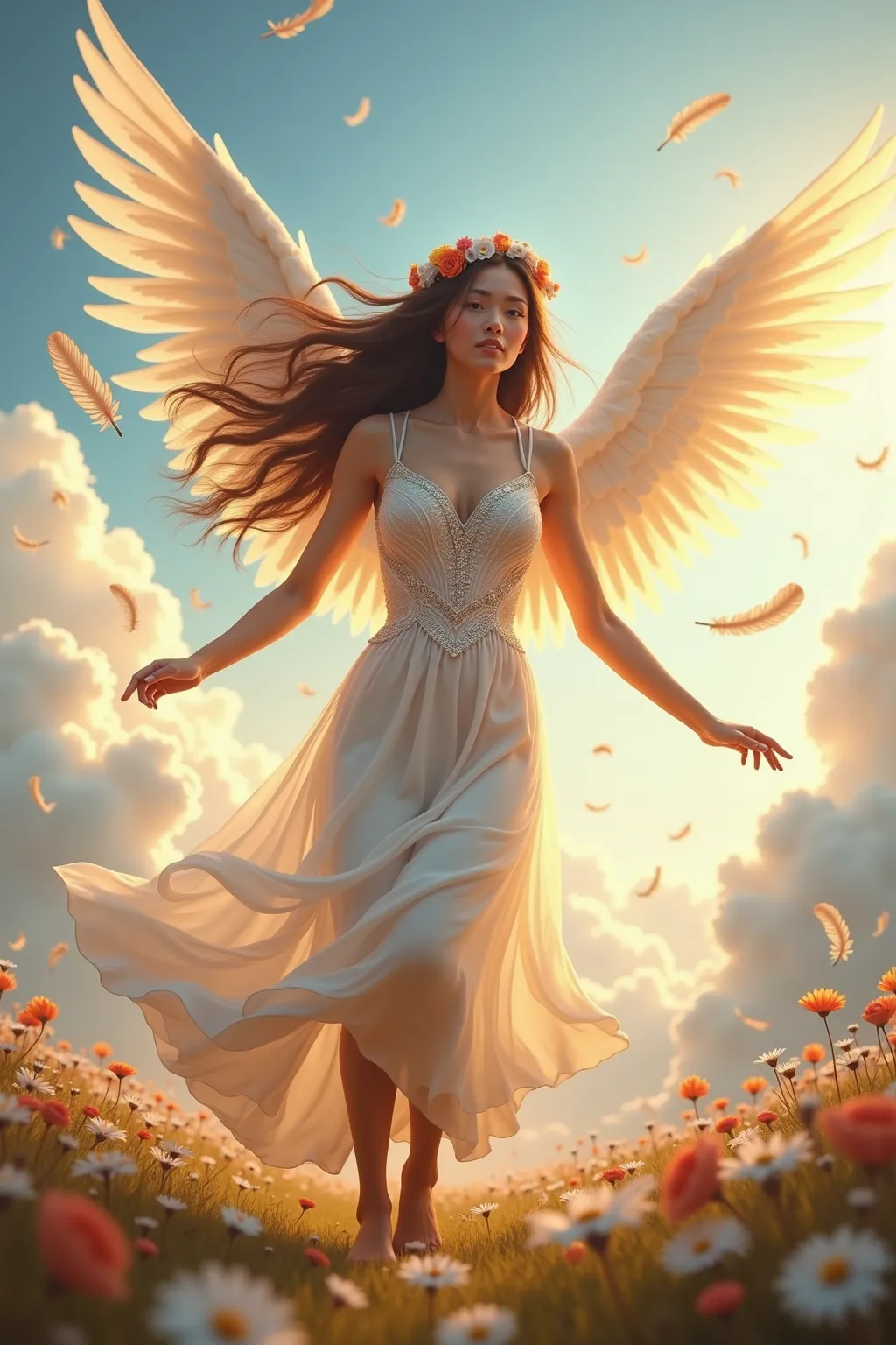 a beautiful angel, beautiful angel wings made of feathers, 1girl,strong wind is blowing,wind effect, wearing a beautiful dress, long flowing hair, flower headband,dancing in sacred field of clouds,many feathers dance in the air by wind, (best quality,4k,8k...