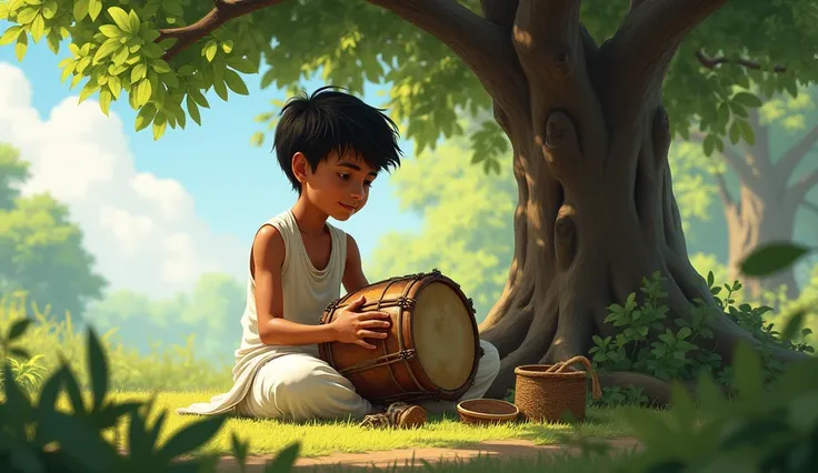 *A age boy sitting under a tree, fixing an old Dhumsa drum. He wears a traditional white dhoti and a plain white vest.*  
