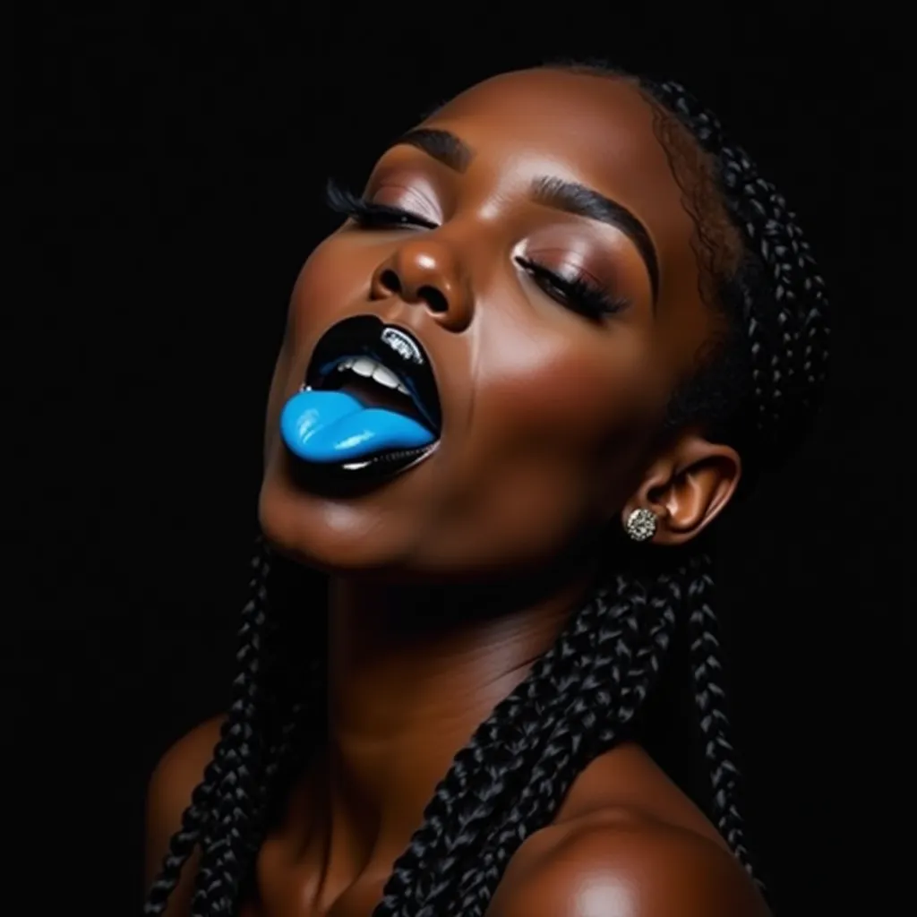 "Studio close-up of a Black woman with a warm honey complexion, sticking out her tongue, which is stained an unnatural electric blue. Her lips are painted jet black, contrasting with the intense blue. Her braids are tight and perfectly aligned, cascading d...