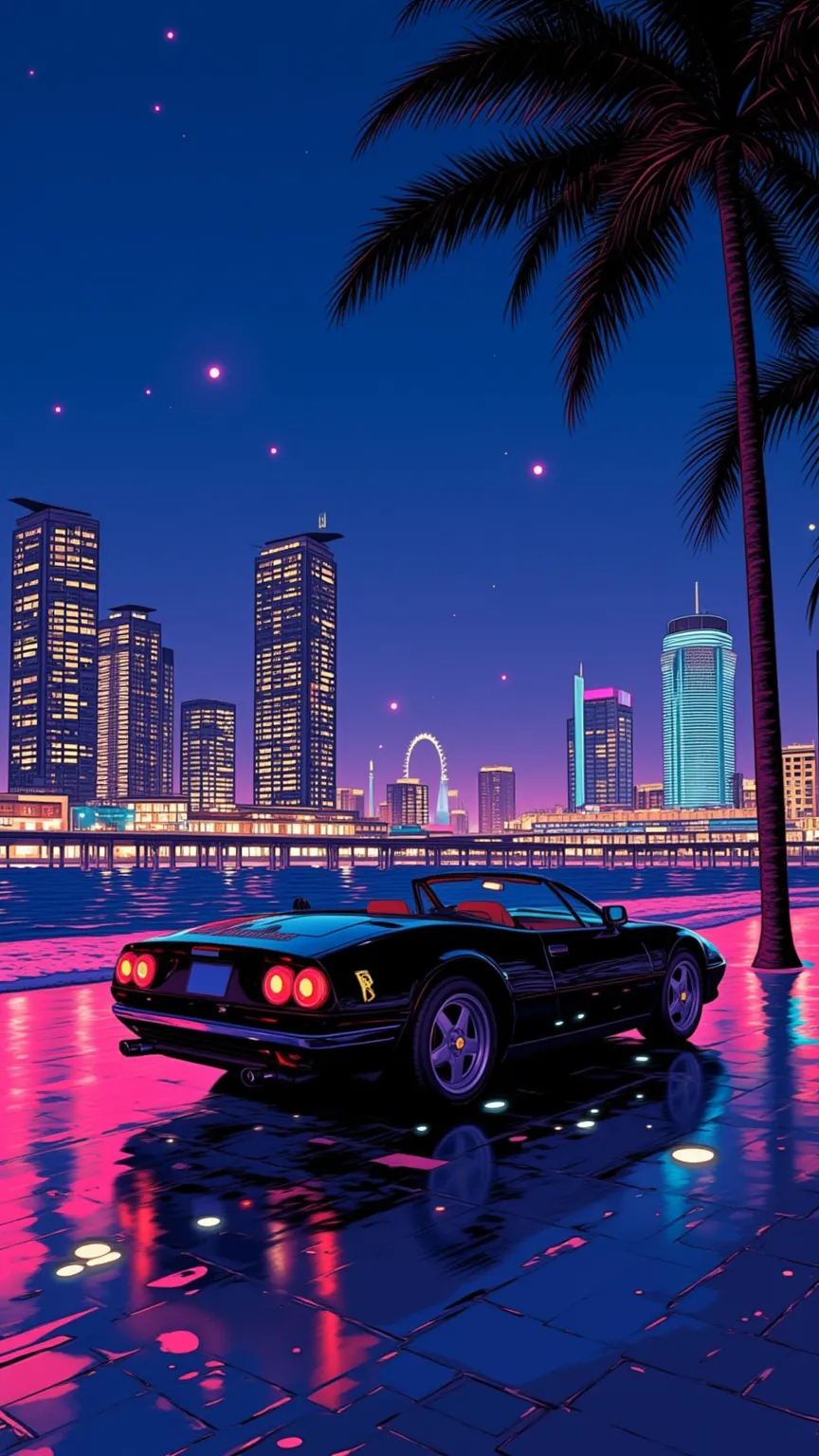 80's city pop art,  night view, Miami Beach, (Wind Line ), palm tree,  particle, The world of the TV drama Miami Vice, Ferrari Daytona Spider Black 365GTS/4 、 sea, pier,   . ( masterpiece, TOP QUALITY:1.2)masterpiece, high detail, ultra high definition, Ov...