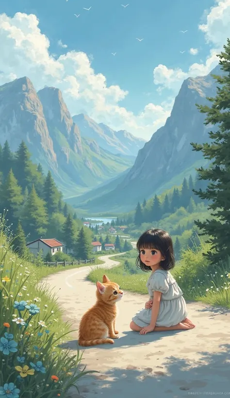 A kitten and a cute girl meet on a mountain road、A kitten and a girl stare at each other、A cute world event、