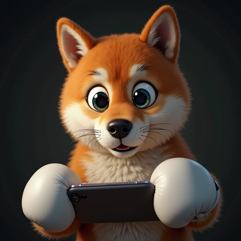 8k, realistic, Photorealistic. Image is vibrantly colored. Photo, Highly detailed, Photo quality, high quality.natural eyes
at the dark Boxing Gym
  **Desperately tapping the screen with a smartphone**  
   "A realistic Shiba Inu frantically tapping a smar...