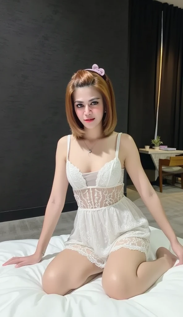 25 years old Korean woman, masterpiece, realistic, cinematic quality, deep focus, smooth skin, facial details, clear focus, the light hits her skin making her stand out (natural light, afternoon light), natural breasts, wearing a short white lace dress, be...